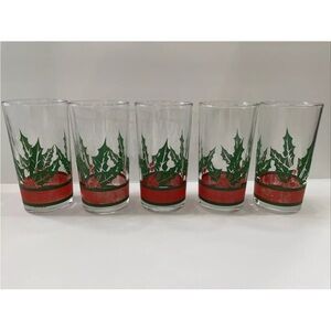 Set Of 5 Vintage Drinking Christmas Glasses Tumblers Holiday Holly Berry